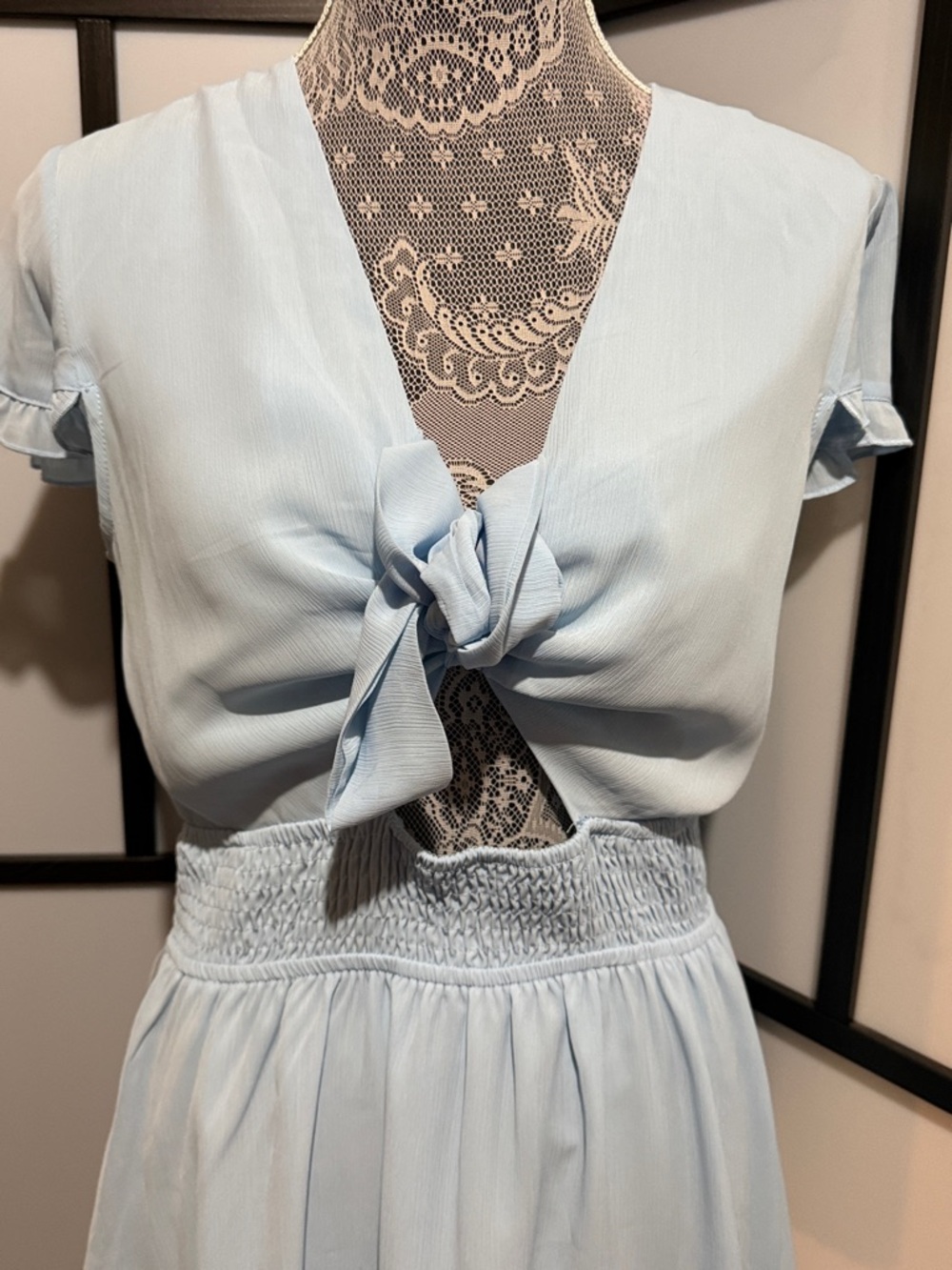Light Blue Tie-Front Mini Dress with Smocked Waist - Picture 2 of 6